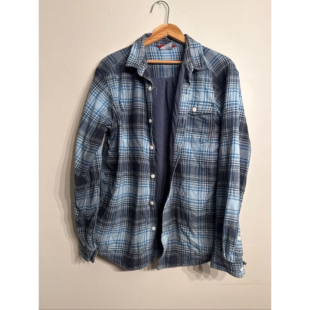 Columbia Indigo Blue Gray Plaid Flannel Lined Long Sleeve Button Up Shirt Medium